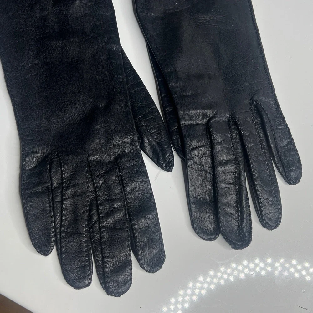 Black 20” Leather Sz 6 Opera Length Gloves Black Crystal Buttons Palm Opening